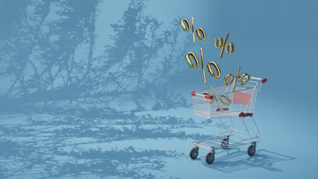 상점 내 할인 3d 애니메이션 쇼핑 카트, 파란색 배경 복사 공간