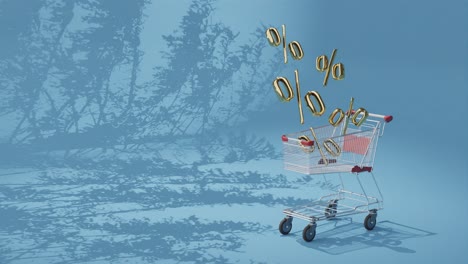 descuentos en la tienda carrito de compras de animación 3d, fondo azul copyspace