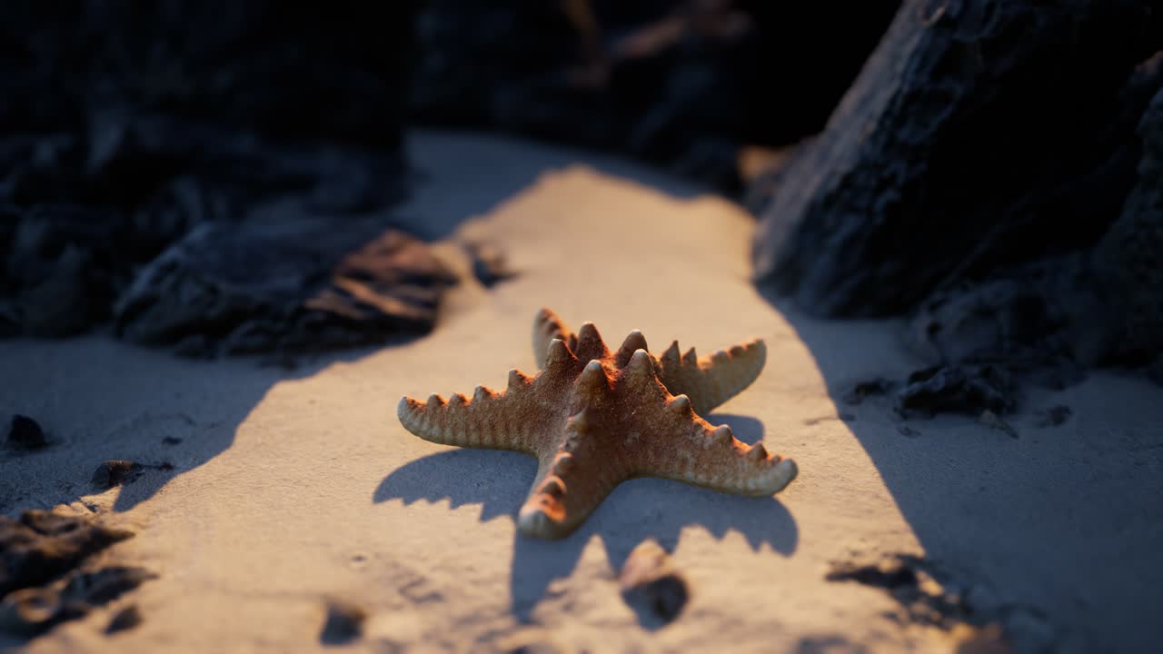 Starfish on sandy beach at sunset