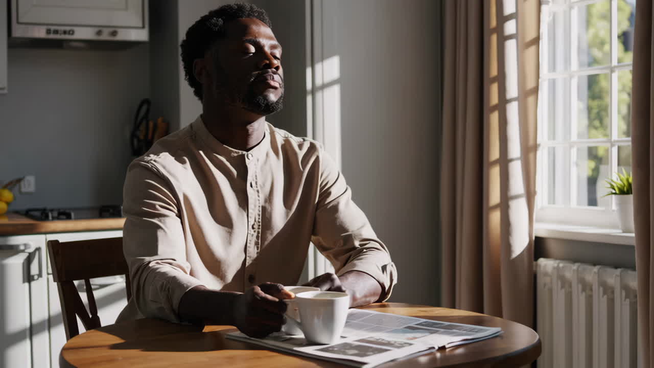 Man Drinks Coffee and Reads Newspaper in Morning Kitchen