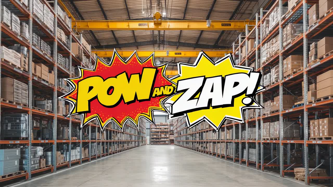 Pop art graphic appearing in warehouse aisle after camera holding shot, with POW and ZAP burst