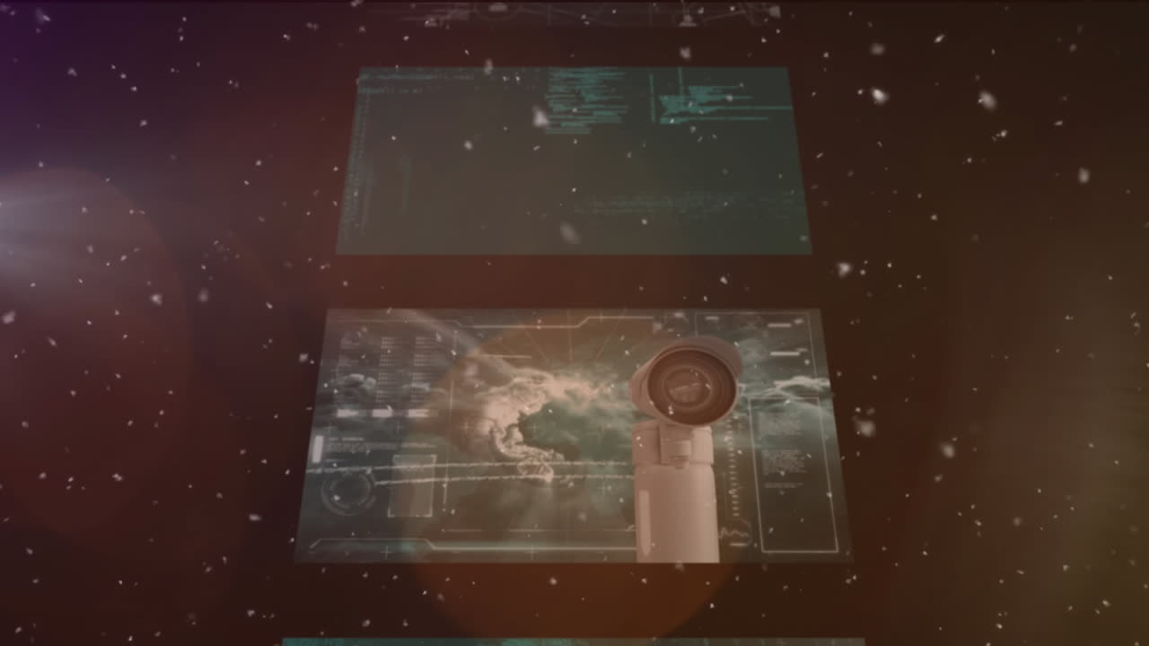 animación de copos de nieve y puntos de luz naranja sobre el procesamiento de datos en cascada de pantallas de interfaz