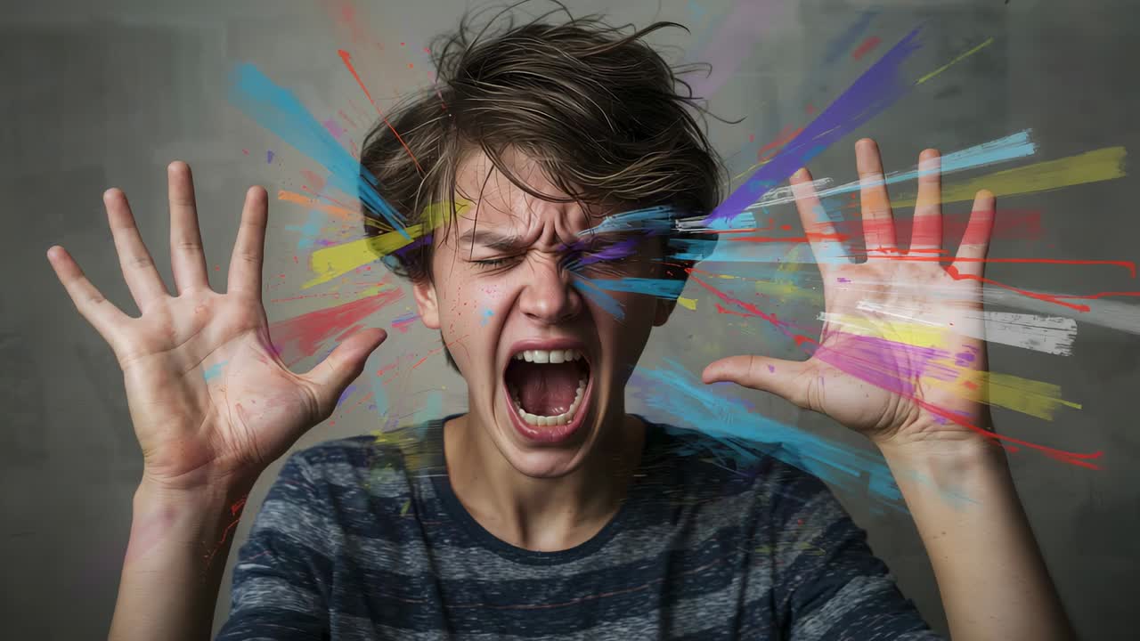 Schreiender Teenager, der auf Farbe reagiert, die von rechts über eine graue Wand streicht, gestreiftes Hemd, Handflächen verschmiert
