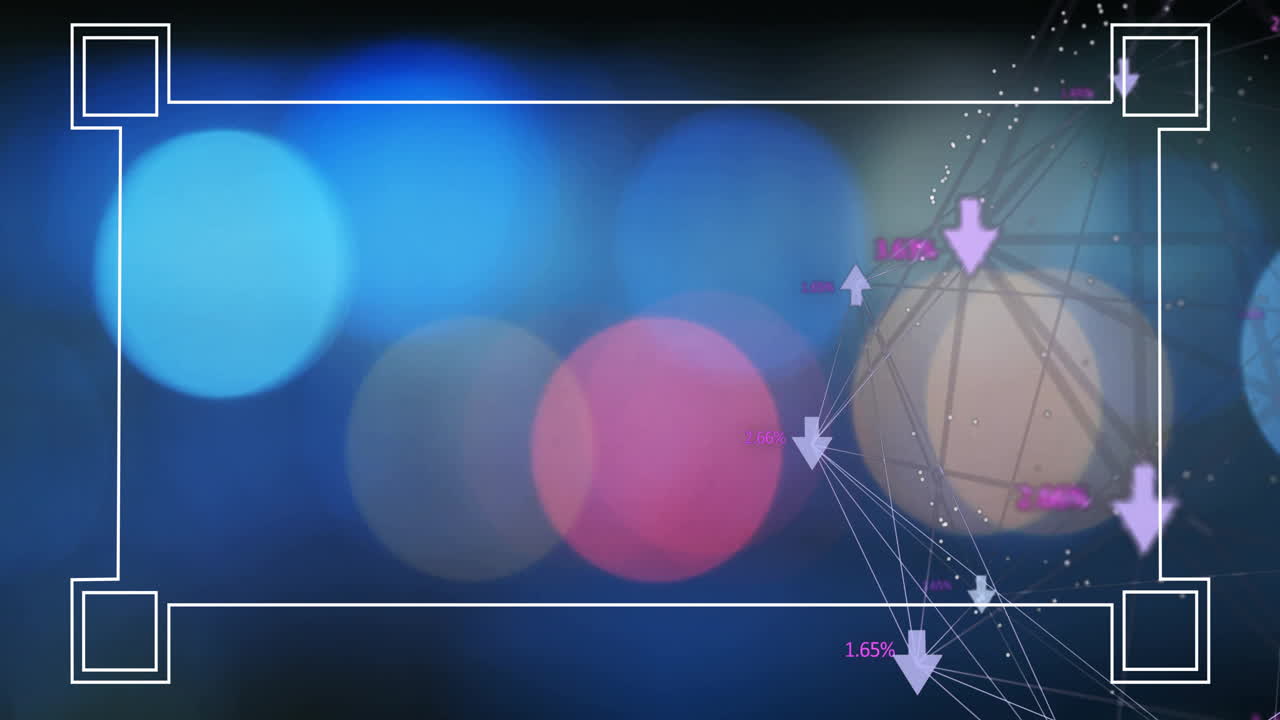 Colorful bokeh lights with data processing animation and geometric lines