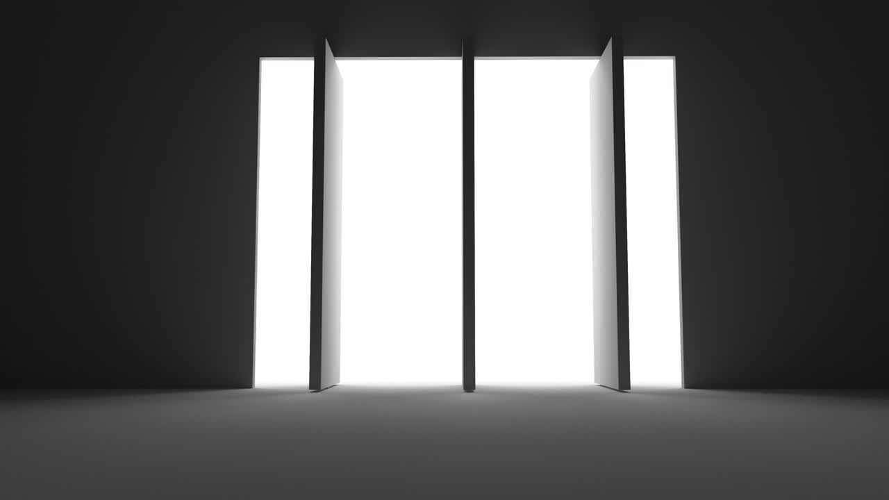 세 개의 문이 열리고, 셔터가 열리고, 빛의 광선이 내부로 침투합니다.결정의 개념, 밝은 미래, 3d 렌더링, 루프, 어두운 검은 방.