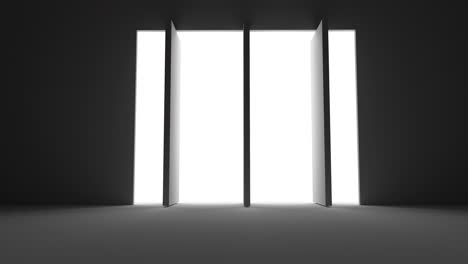 three doors open, shutters open, rays of light penetrate inside. the concept of decision-making, a bright future. 3d rendering. loop, dark black room