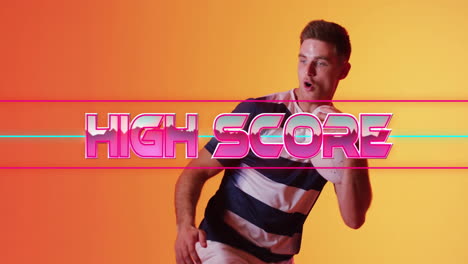 animation of high score text with shapes over caucasian male rugby player running