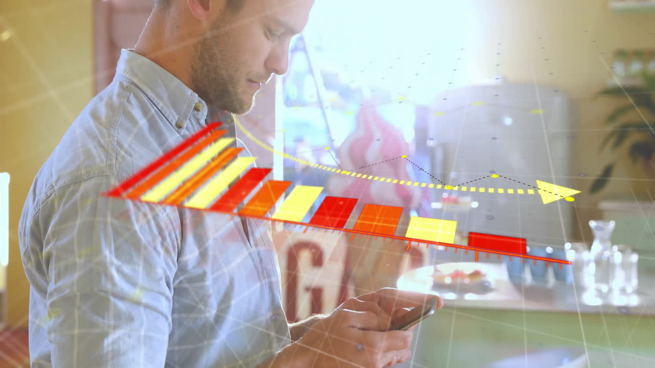 animación de diagrama rojo y amarillo sobre hombre caucásico usando teléfono inteligente