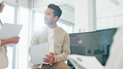 Businessman,-talking-and-team-meeting-with-paper