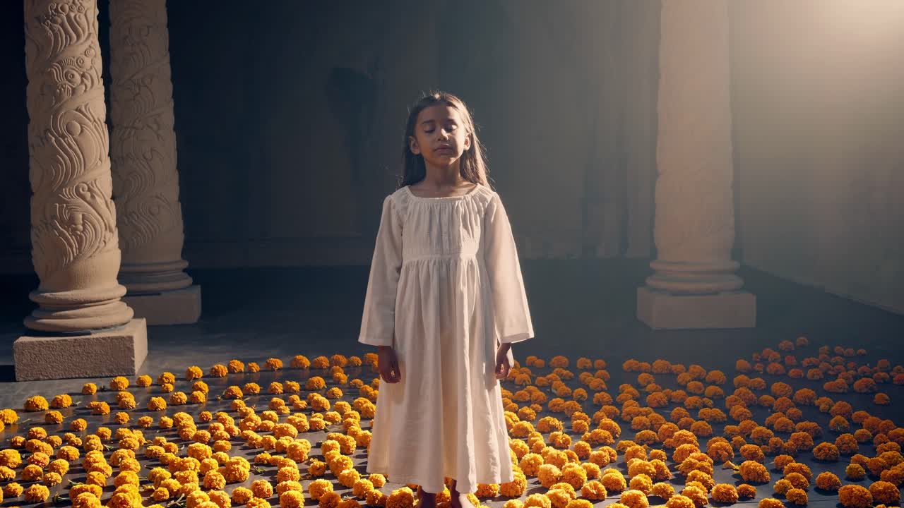 Young girl in white dress stands amidst vibrant marigold flowers, illuminated by soft light, creating a serene and enchanting atmosphere in a captivating scene