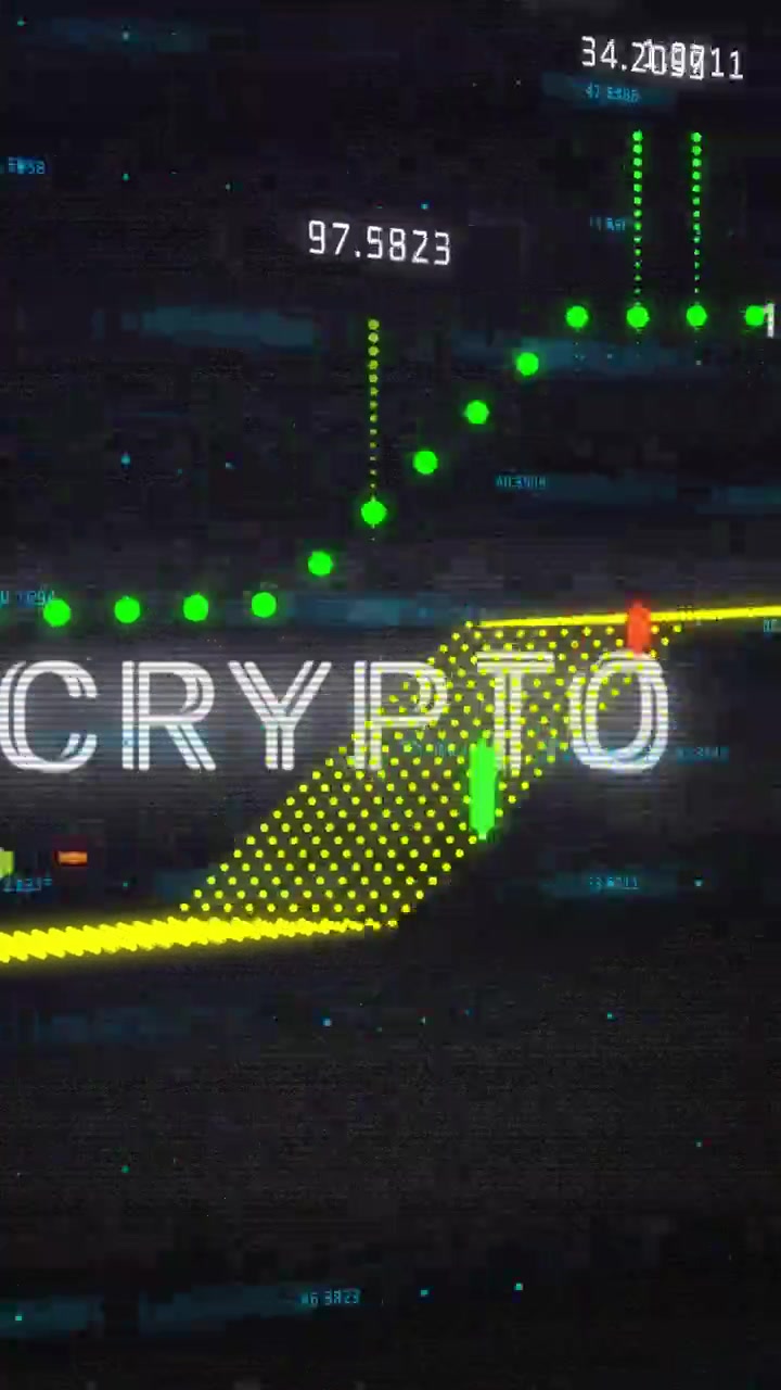 Vídeo vertical: HUD granulado iniciando CRIPTO animando rastros de néon e matriz crescendo, mostrando o mercado.