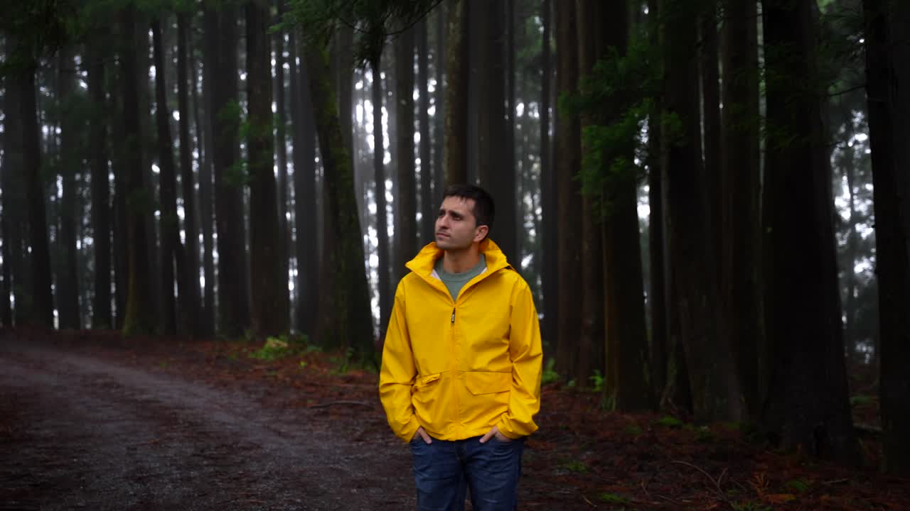 Medium shot of man in yellow raincoat waiting in dark, scary forest