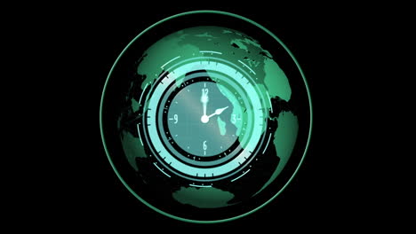 animation of moving clock over globe on black background