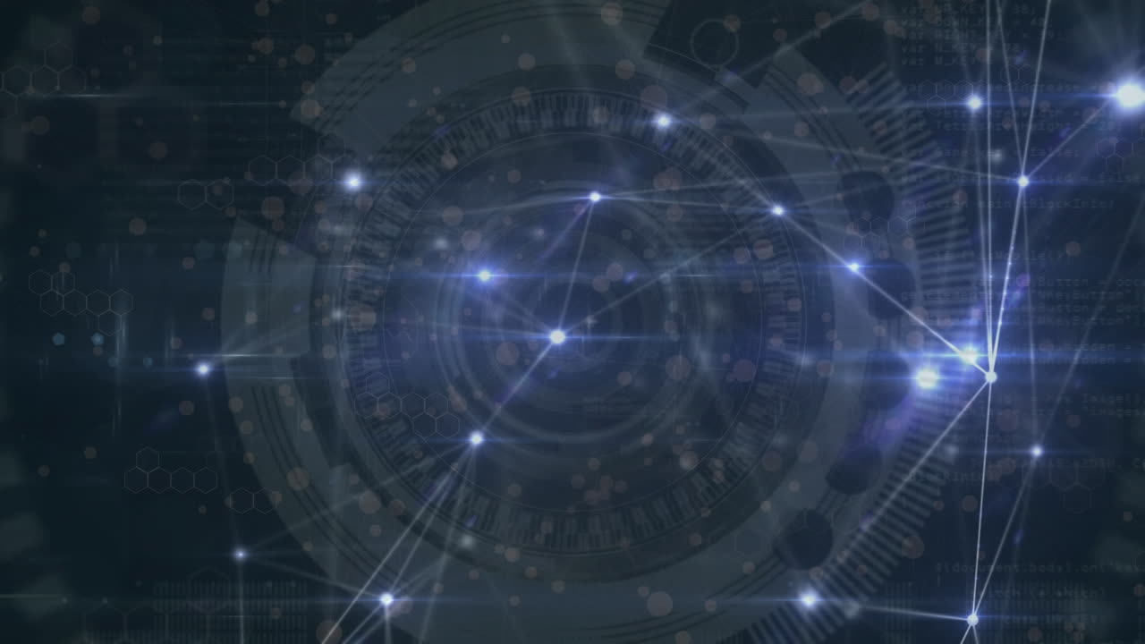 Animation of network of connections with light spots over scope scanning on black background