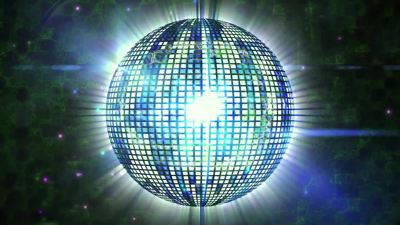 Animazione di punti luce e forme su una palla da discoteca su sfondo nero.