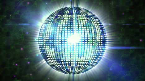 Animation-of-light-spots-and-shapes-over-disco-ball-on-black-background