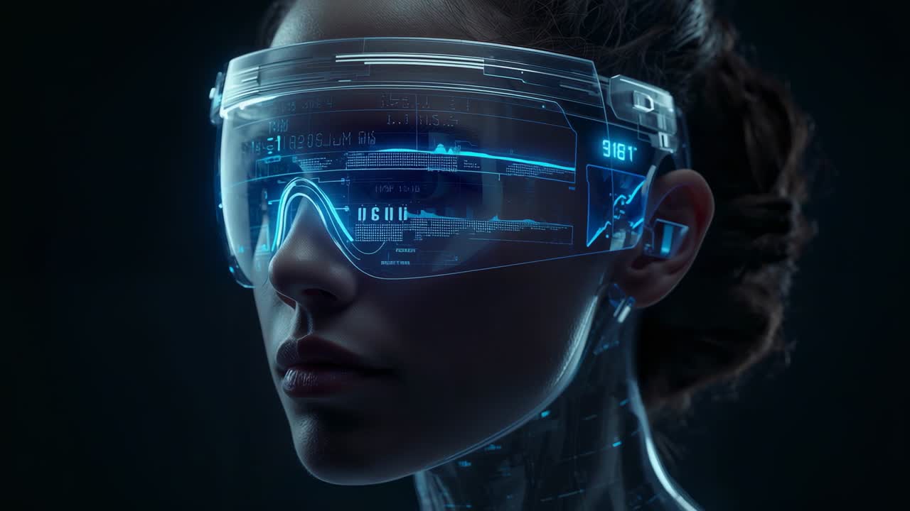 Visor activating android in profile at studio HUD updating numeric data and lighting synthetic neck