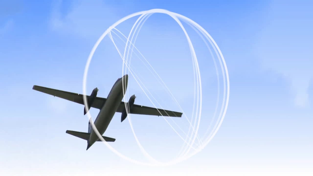 Flying airplane with white trails creating animation against clear blue sky