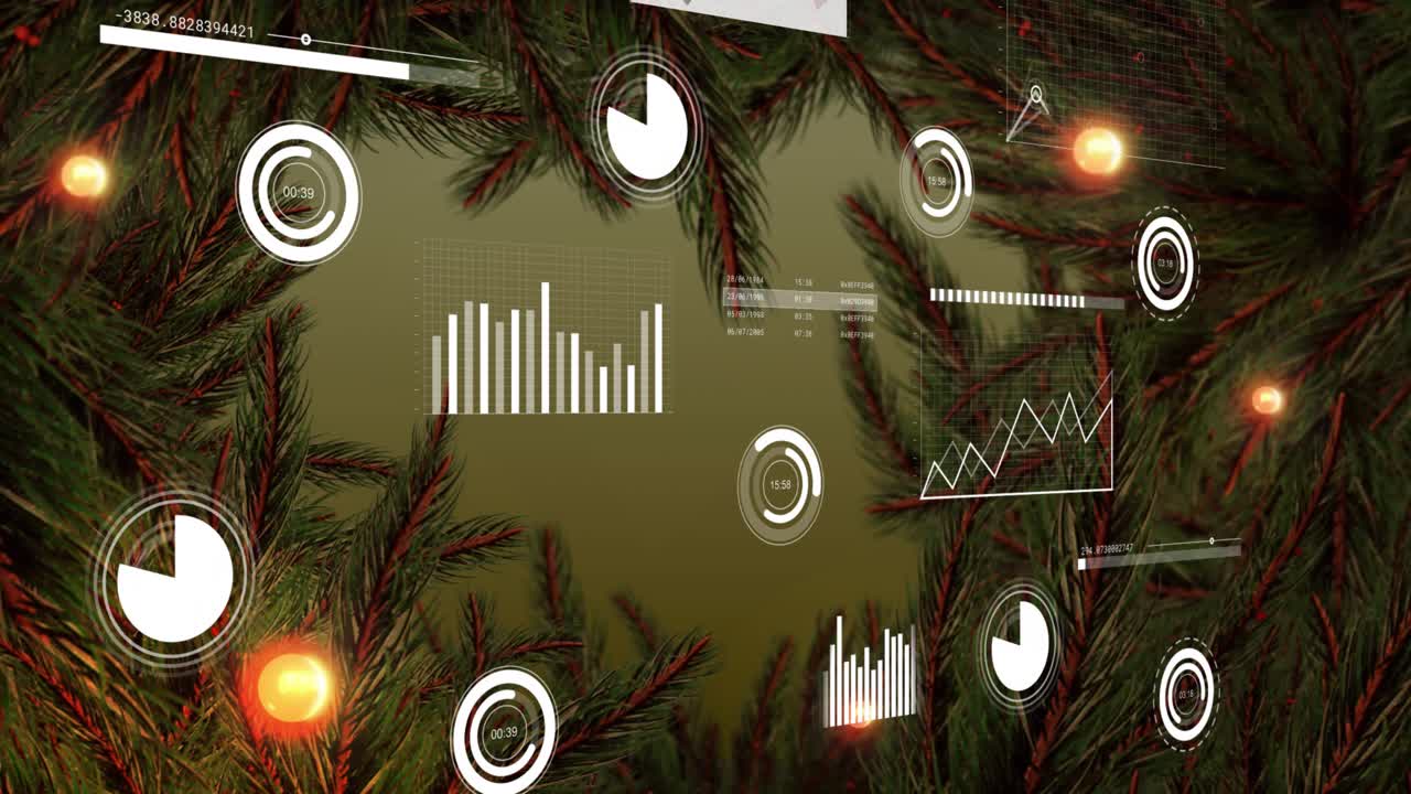 Radial timer appearing on backdrop initiating 6G chart building data overlay over pine branches