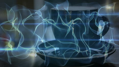mesh waveforms weaving through dark blur, revealing glow points and lens?flare streaks in 3d render