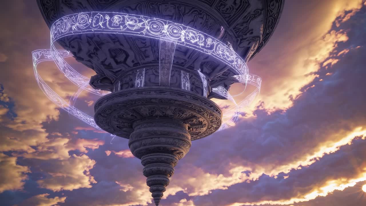 Intricate floating structure with ornate carvings and glowing elements, gradually revealing details against a dramatic sunset sky, showcasing a mesmerizing visual transformation