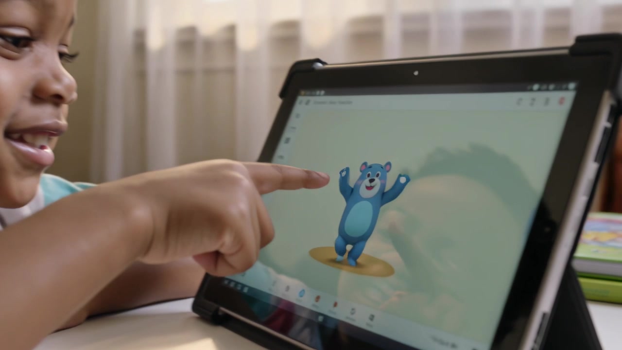 Observando un oso azul animado, niño inclinándose y tocando la tablet en una mesa junto a la ventana, haciendo que el oso reaccione
