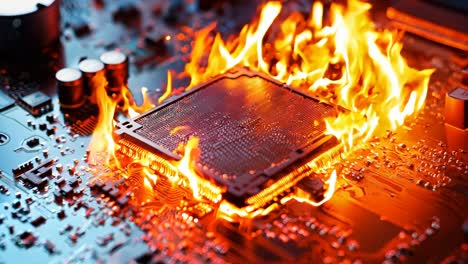 una placa base de computadora en llamas con una cpu en la parte superior
