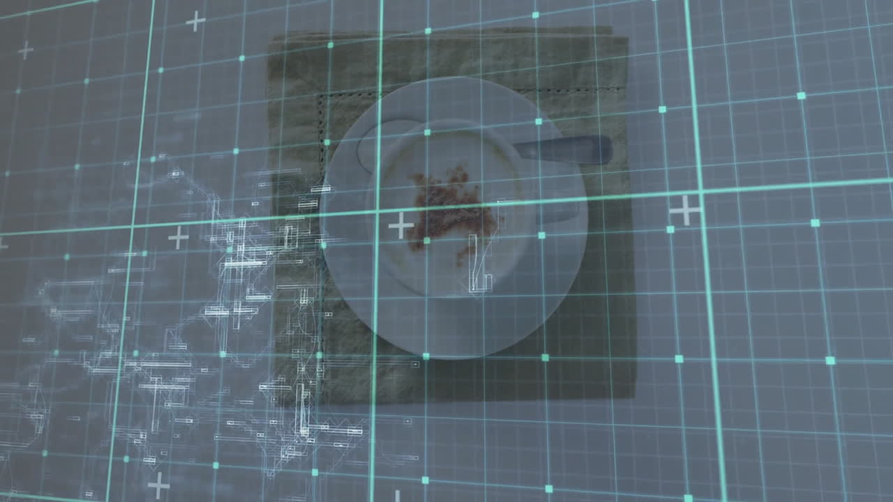 White ceramic bowl sitting on cloth napkin while neon teal grid overlaying tabletop wireframe lines