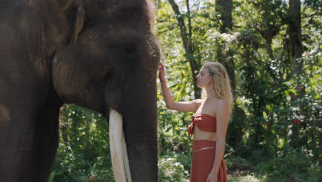 Mujer-Natural-Tocando-Elefante-En-La-Selva-Acariciando-A-Un-Animal-Mostrando-Afecto-En-El-Santuario-Del-Zoológico-4k