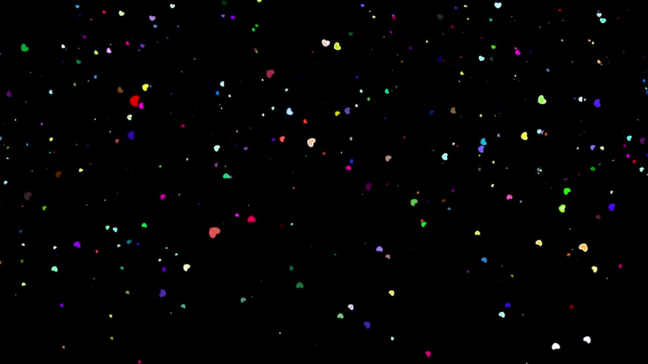festive magical background. Twinkling, glittering, colored, heart shape particles falling on black background. Flying, flickering, heart shape particles sparkle