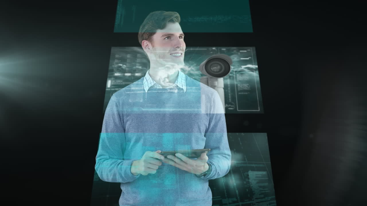 animación del procesamiento de datos sobre un empresario caucásico sonriente que usa una tableta