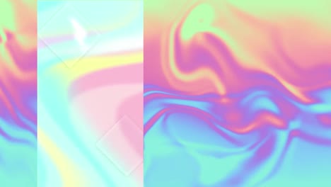 animation of pastel forms on vertical screen, over undulating orange and blue liquid background