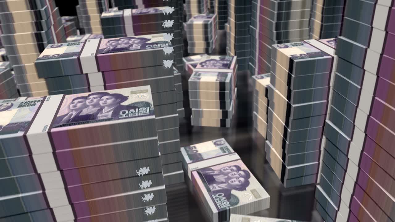 북한 위의 3d 비행: 돈, 지폐,, 루프 애니메이션