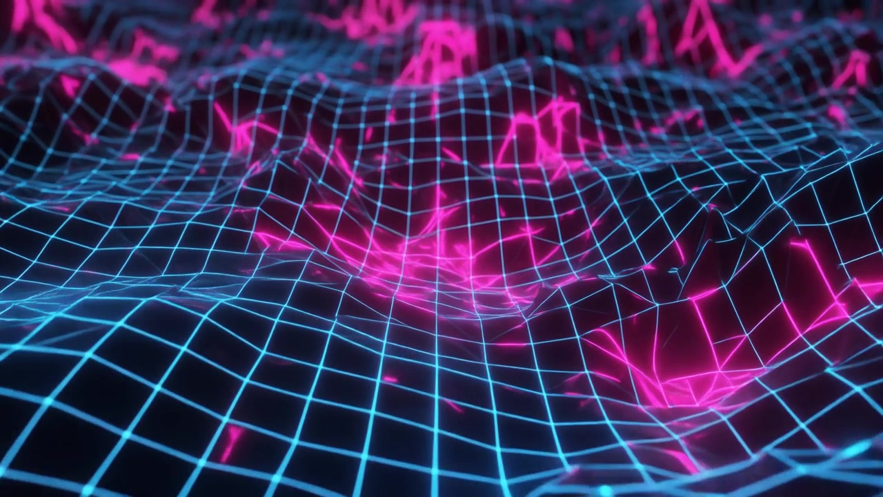 Abstract Digital Grid Landscape with Neon Pink Waves
