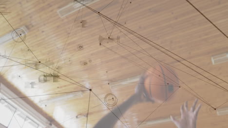 basketball player shooting over network connections and data processing animation