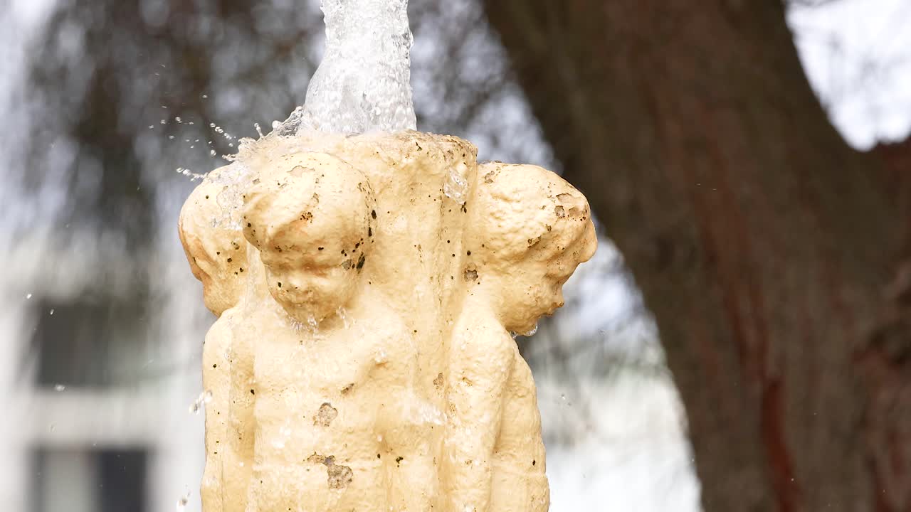 A detailed view of a stone fountain statue with water cascading over it, set against a natural backdrop