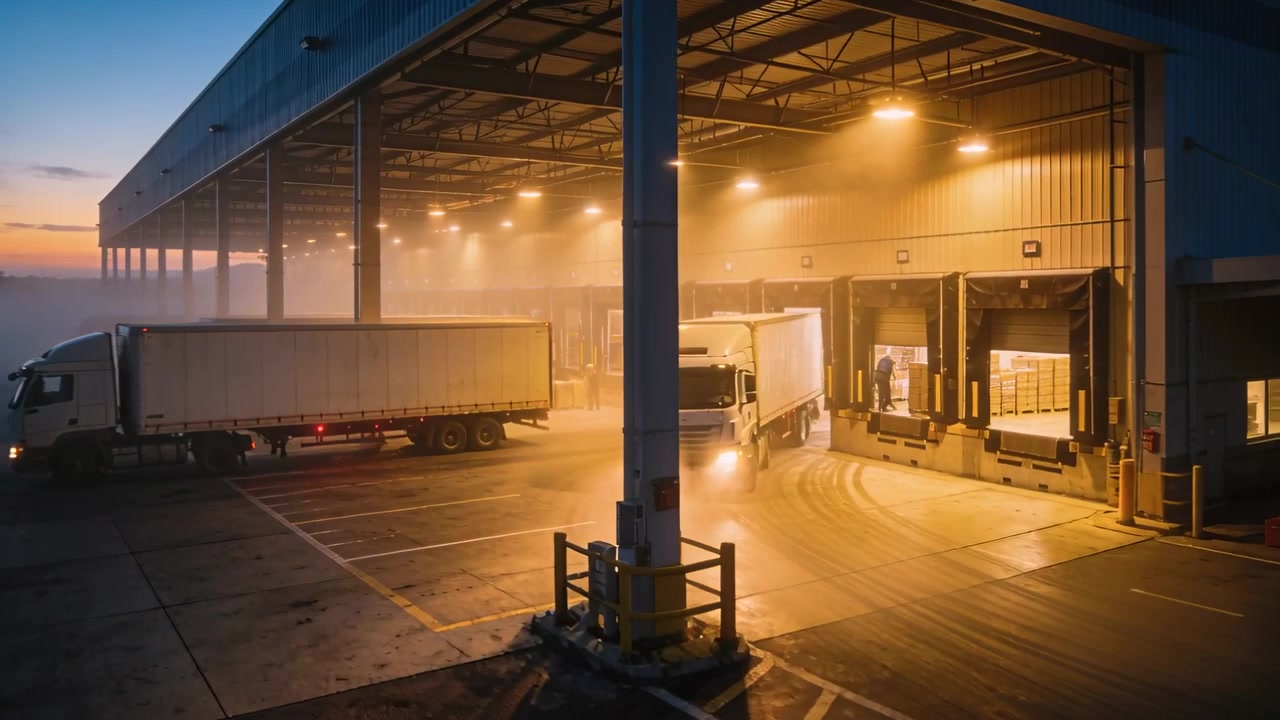 Approaching truck lights causing driver reversing into dock, staff in vests guiding cargo to load
