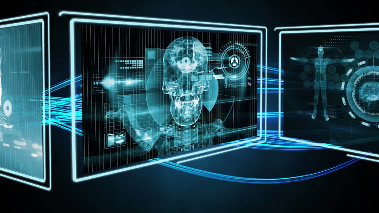 Screens with data processing and spinning globe