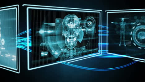 screens with data processing and spinning globe