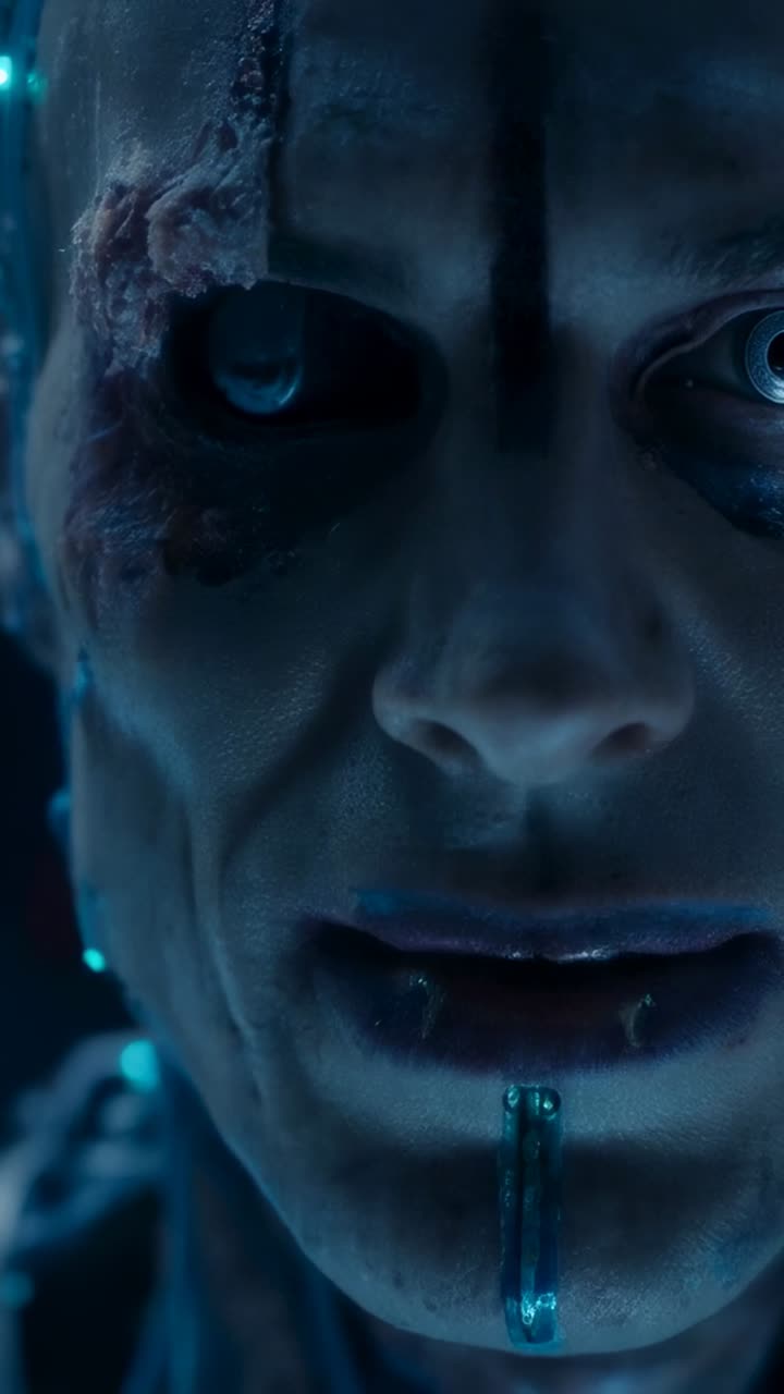 Vertical video: Cam focusing, cyborg face shifting in lab for scan, showing metal eye and droplet