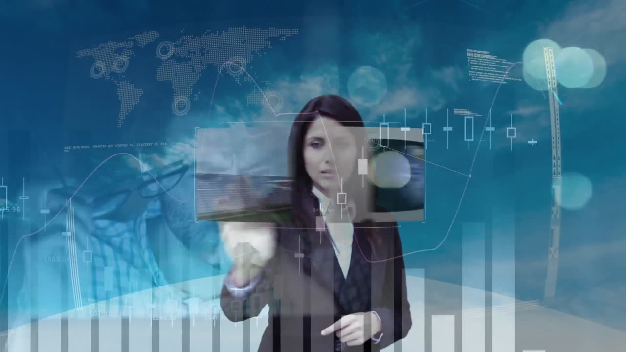 animación de una mujer de negocios usando una interfaz de pantalla táctil sobre un hombre de negocios y procesando datos