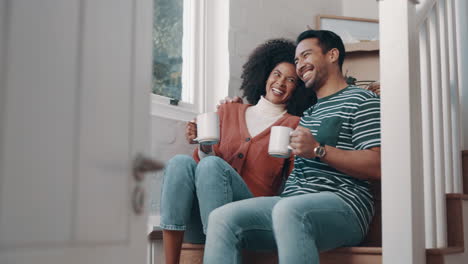 happy couple, coffee and laughing in morning