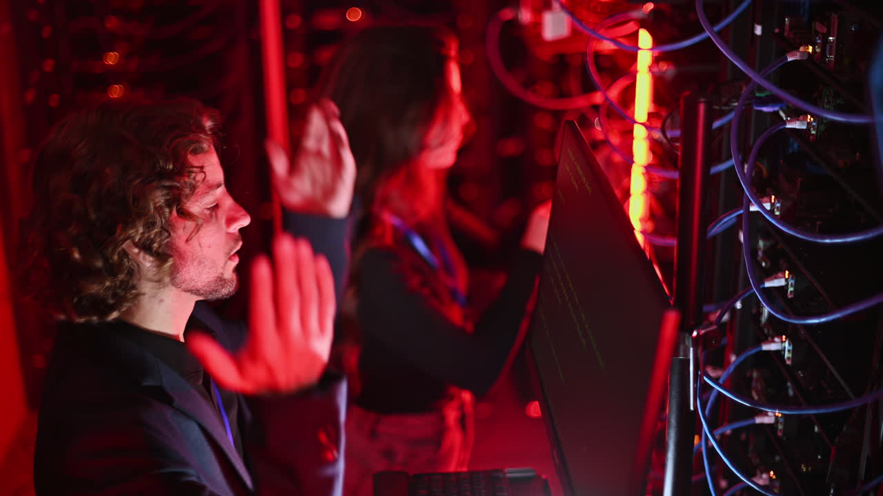 A man and a woman trying to fix an error in a server room with flashing red lights