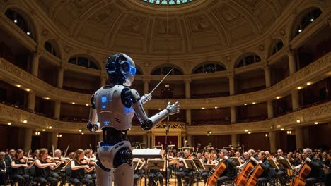 a cutting-edge robot conductor leads a symphony orchestra in a grand concert hall, showcasing the fusion of technology and classical music performance