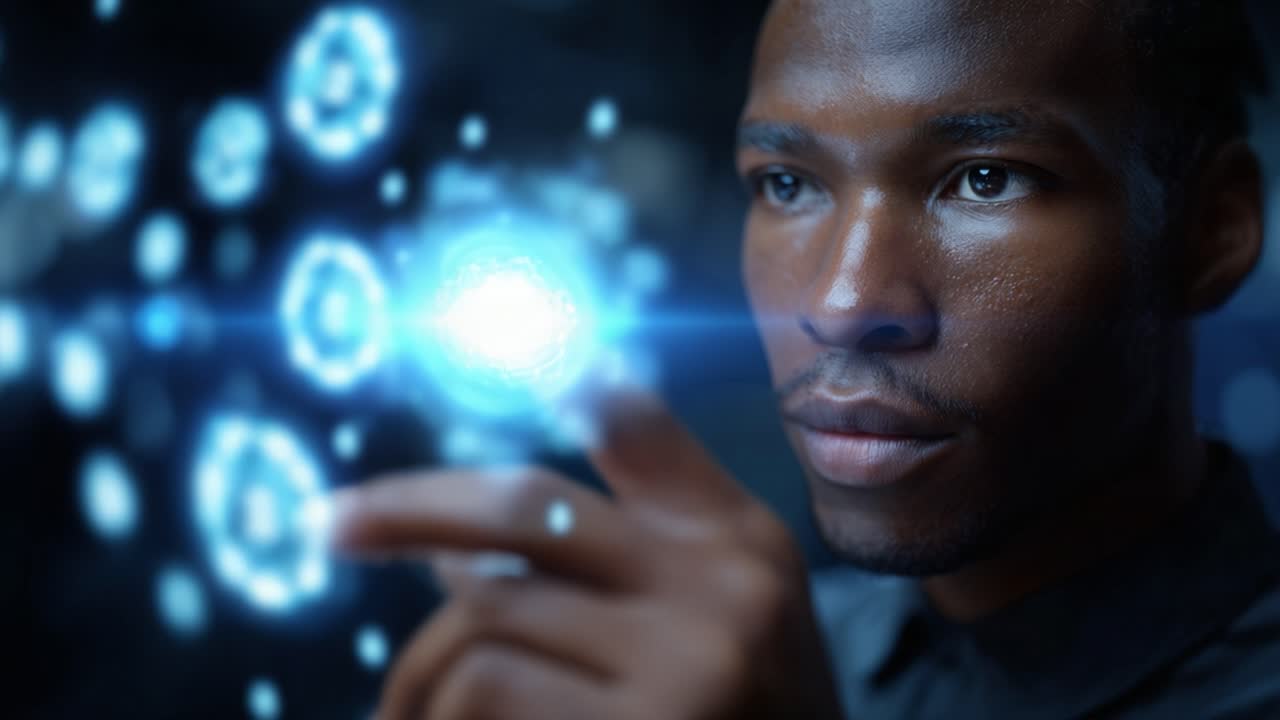 Un individuo concentrato interagisce con elementi digitali luminosi, mostrando tecnologia avanzata e coinvolgimento umano in un'esperienza visiva affascinante.