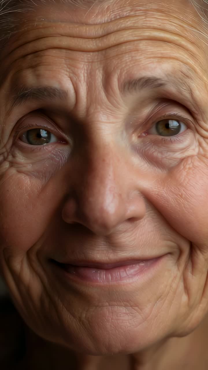 Vertical video: Beginning closed-mouth smile, senior woman lifting chin and widening eyes in room