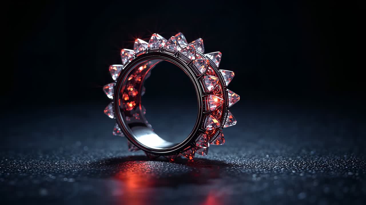 pulserende rødt lys, der driver roterende ring med pigge i et studie, blinkende krystalpigge på kornet gulv