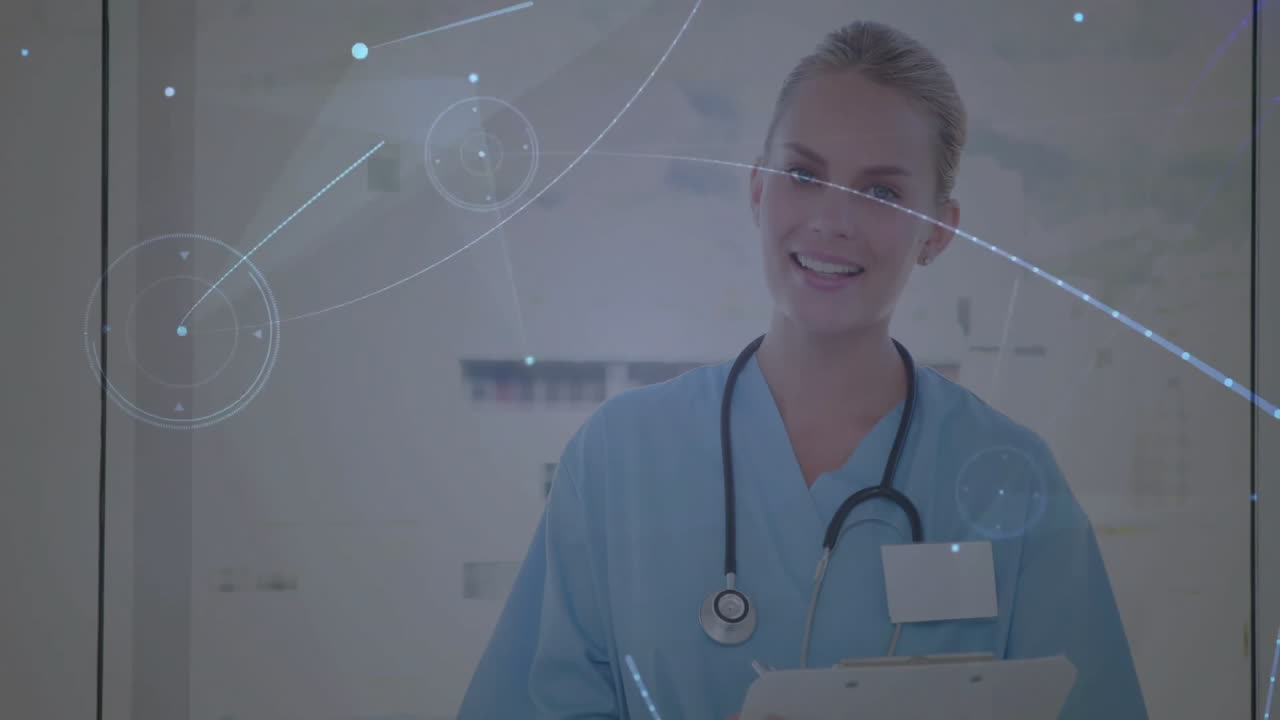 Female nurse holding clipboard in hospital corridor, displaying digital graphic overlays