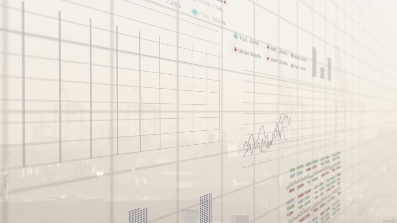 현대 도시 풍경의 공중 전망 위에서 그래프와 거래 보드의 애니메이션