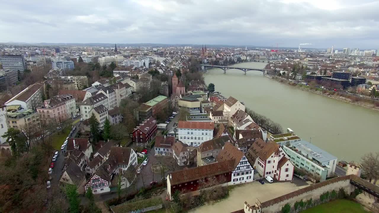 Elevate your perspective with an aerial view of Basel, tracing the Rhine's charming housing borders